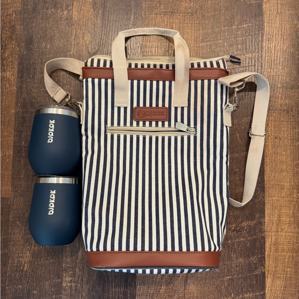 Striped Canvas wine Bag with Leather Accents and two wine travel cups